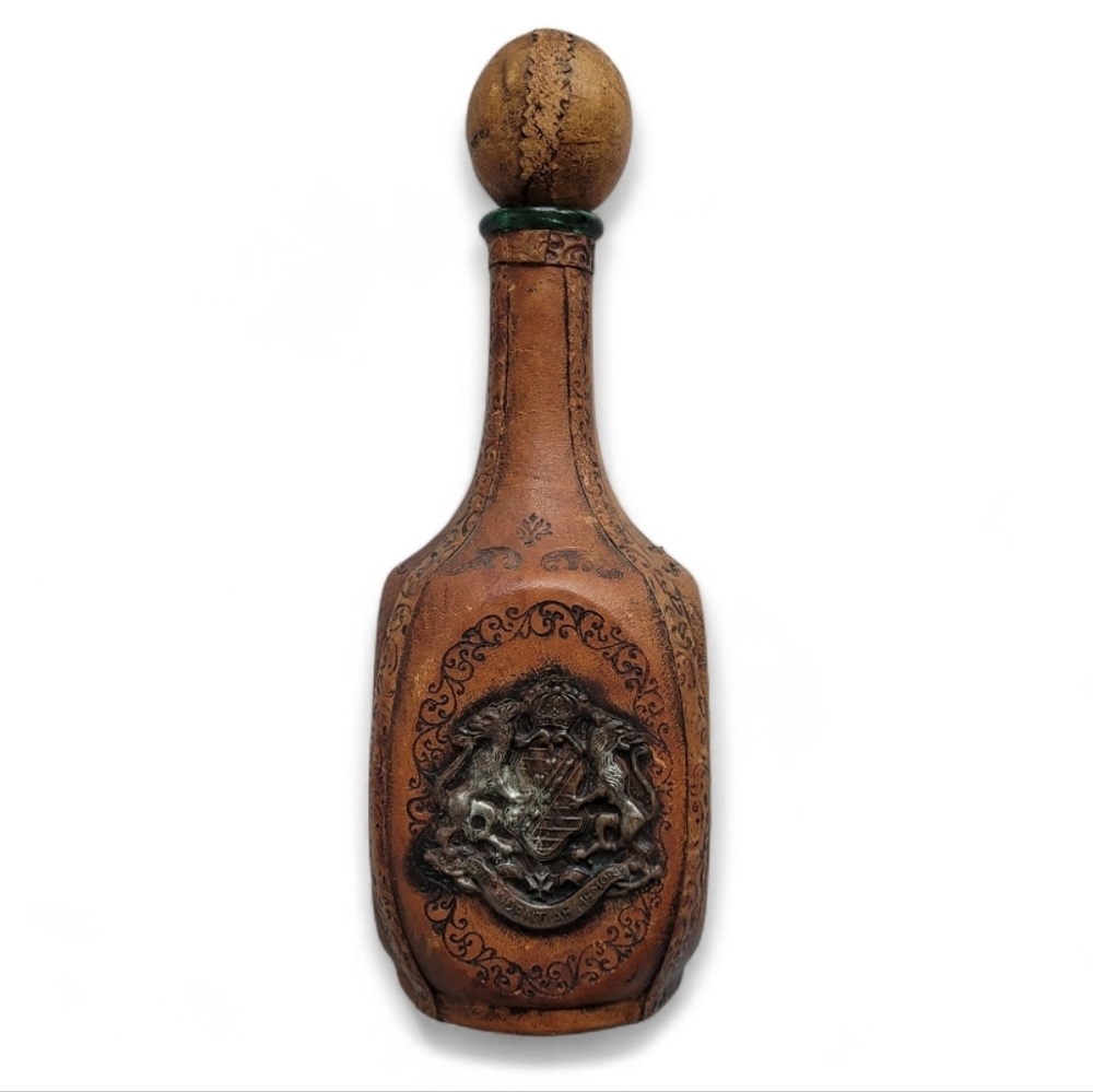 Vintage Italian Leather Covered Decanter Latin Motto Dark Academia Decor